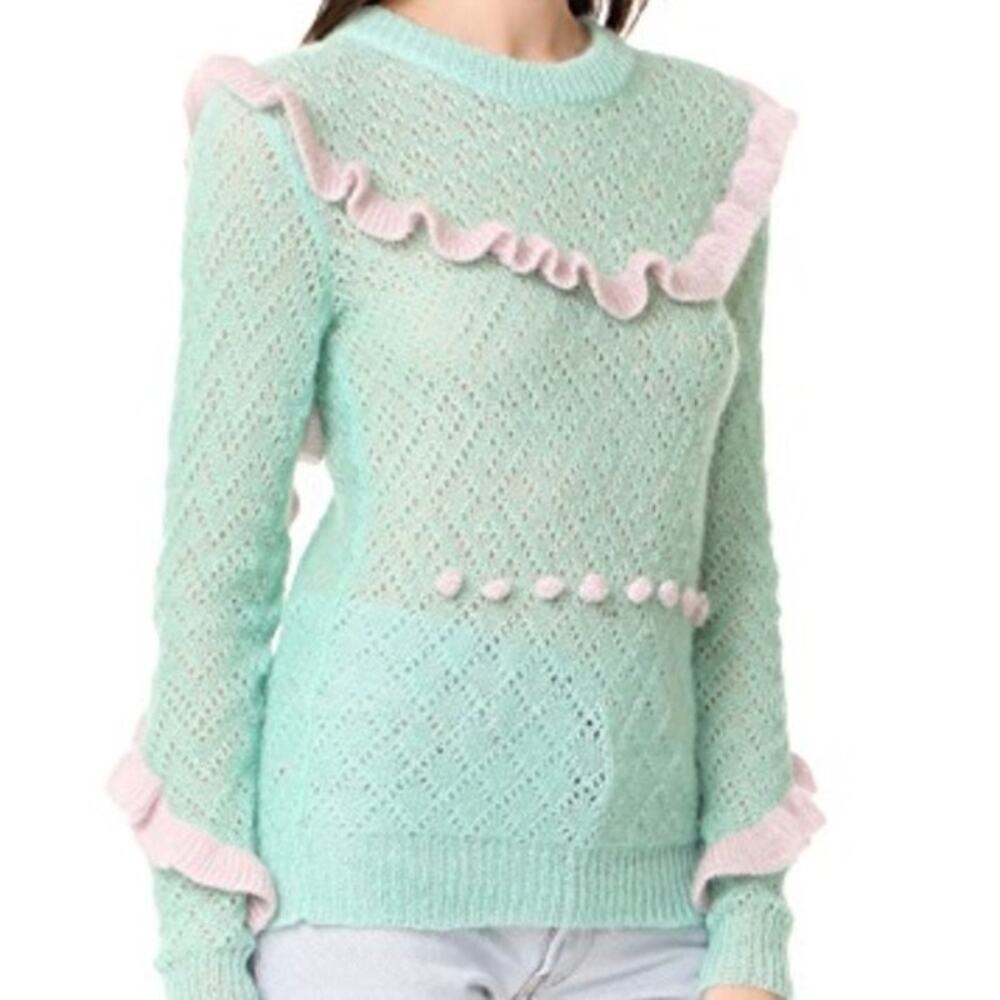 Anna October Mint Green Pink Ruffle Wool Knit Sweater Size Small